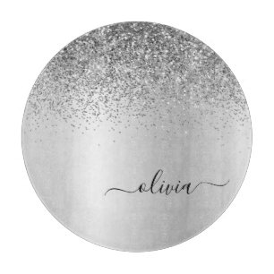 Monogramm Schrift Silber Schwarzer Glitter Mädchen Schneidebrett