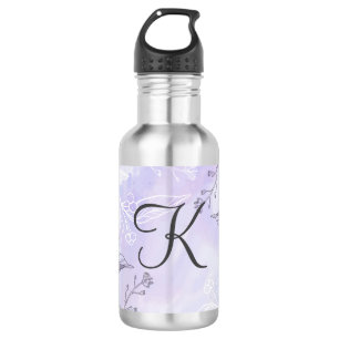 Monogramm-Schrift Weiß Grau Lila Blumen Edelstahlflasche