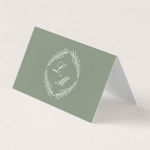 Monogramm Schrift Zweig Sagegrüne Hochzeitstisch Visitenkarten