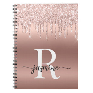 Monogramm Schriftzug Roségold Metall Glittertropfe Notizblock