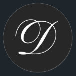 Monogramm-Schwarz-Aufkleber der Hochzeits-D Runder Aufkleber<br><div class="desc">Diese Aufkleber kennzeichnen ein elegantes Monogramm des Cursive D. Groß für Gastgeschenke Hochzeit.</div>