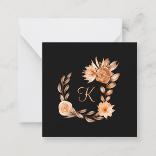 Monogramm Schwarz Braun und Pfirsich Blumenmuster Mitteilungskarte