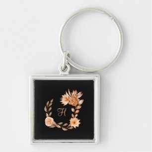 Monogramm-Schwarz-Braun- und Pfirsich-Blumenmuster Schlüsselanhänger