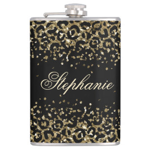 Monogramm Schwarz Gold Leopard Druck Glitter Trend Flachmann