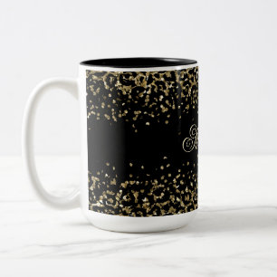 Monogramm Schwarz Gold Leoparddruck Glitter-Overla Zweifarbige Tasse