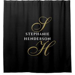 Monogramm Schwarz Gold Weiß Minimalistisch Elegant Duschvorhang