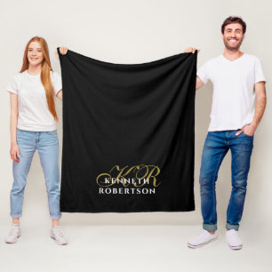 Monogramm Schwarz Gold Weiß Minimalistisch Elegant Fleecedecke