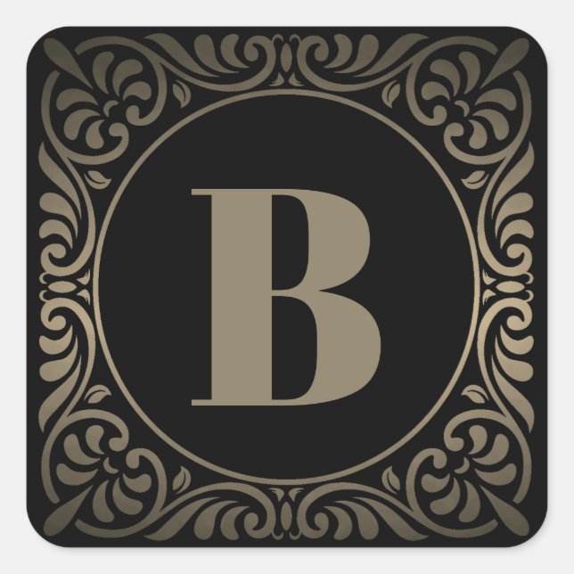 Monogramm Schwarz Grau Quadratischer Aufkleber (Vorderseite)