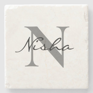 Monogramm Schwarz Grau Script Name Initial Steinuntersetzer