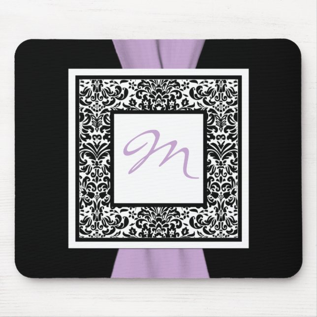 Monogramm Schwarz, Lavendel, Weiße Damassousepad Mousepad (Vorne)