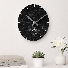 Monogramm Schwarz Marmor Weiß Anfangsbuchstabe & B Runde Wanduhr