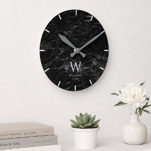 Monogramm Schwarz Marmor Weiß Anfangsbuchstabe & B Runde Wanduhr