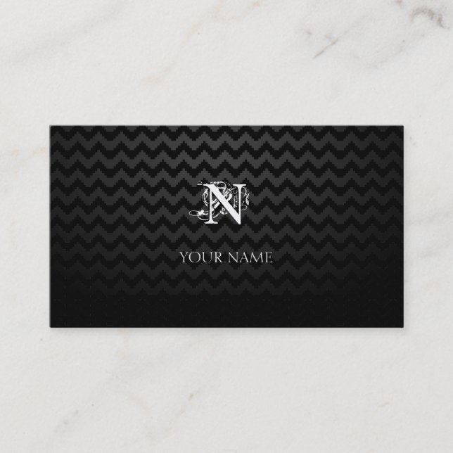 Monogramm Schwarz mit Chevron-Muster Visitenkarte (Vorderseite)