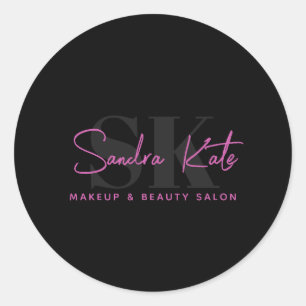 Monogramm Schwarz Neon Rosa Schönheitssalon Benutz Runder Aufkleber