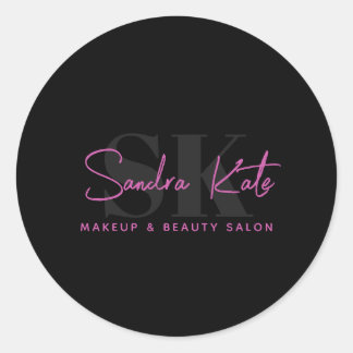 Monogramm Schwarz Neon Rosa Schönheitssalon Benutz Runder Aufkleber