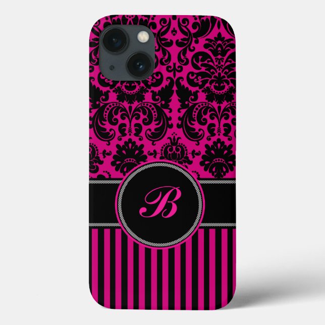 Monogramm Schwarz, rosa Damask Strip-iPad Air Hüll Case-Mate iPhone Hülle (Rückseite)