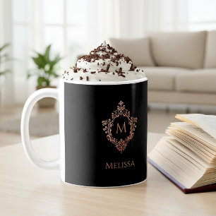 Monogramm Schwarz Rosa Elegantes Rosenmetall-Wappe Kaffeetasse