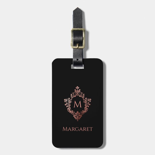 Monogramm Schwarz Rosa Initiale & Wappen Elegant V Gepäckanhänger (Vorderseite vertikal)