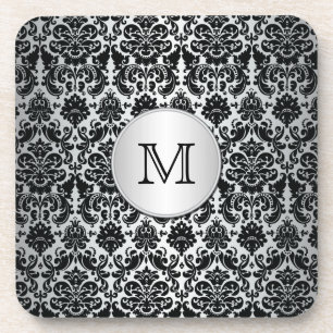 Monogramm Schwarz/SilberDamaske-Untersetzer-Set (6 Untersetzer