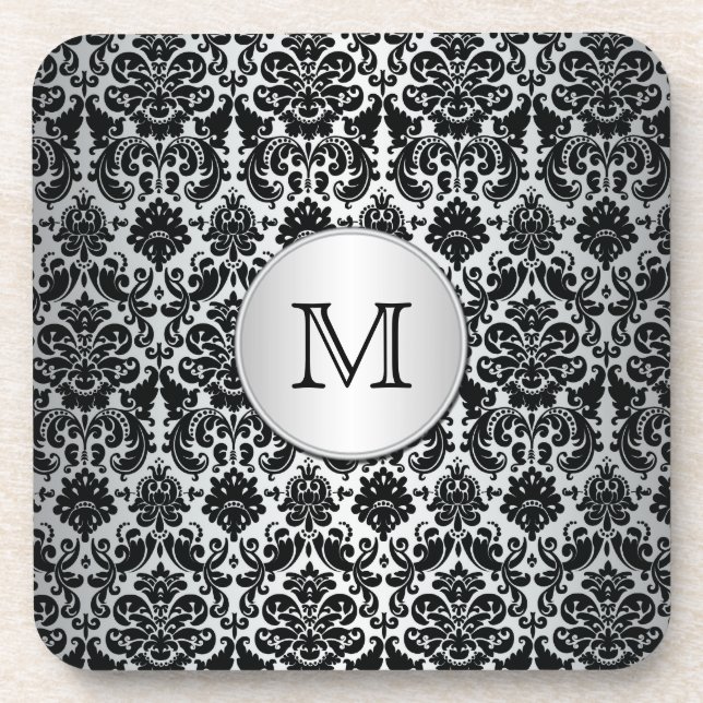 Monogramm Schwarz/SilberDamaske-Untersetzer-Set (6 Untersetzer (Vorderseite)