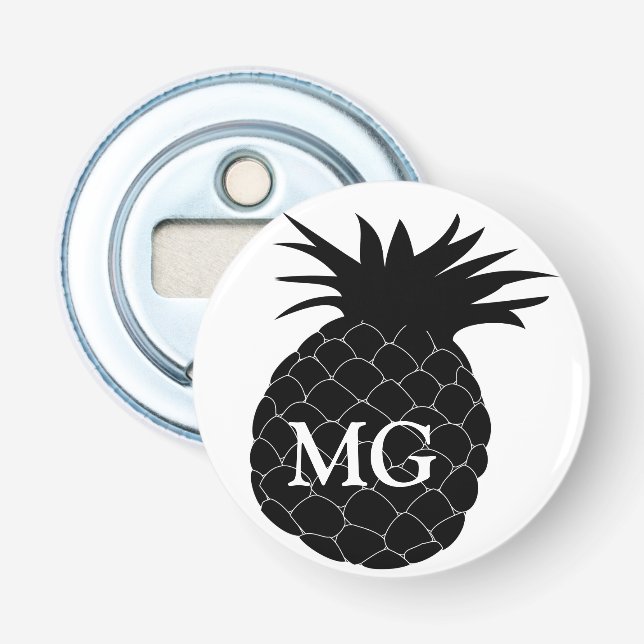 Monogramm Schwarz-Weiß-Ananas Flaschenöffner (Vorderseite)