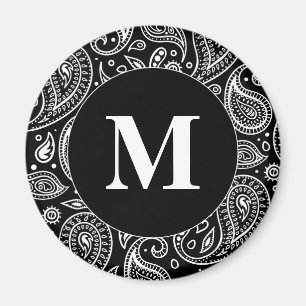 Monogramm Schwarz-Weiß-Blumen-Paisleymuster Magnet