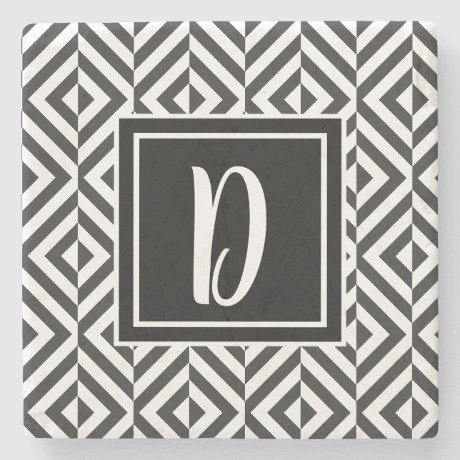 Monogramm Schwarz-Weiß-Diamantmuster Steinuntersetzer (Vorderseite)