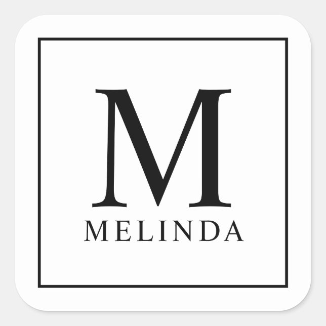 Monogramm Schwarz-Weiß-Elegant Quadratischer Aufkleber (Vorderseite)