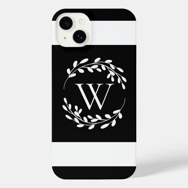 Monogramm Schwarz-Weiß-Floral iPhone 14 Plus Hülle (Rückseite)