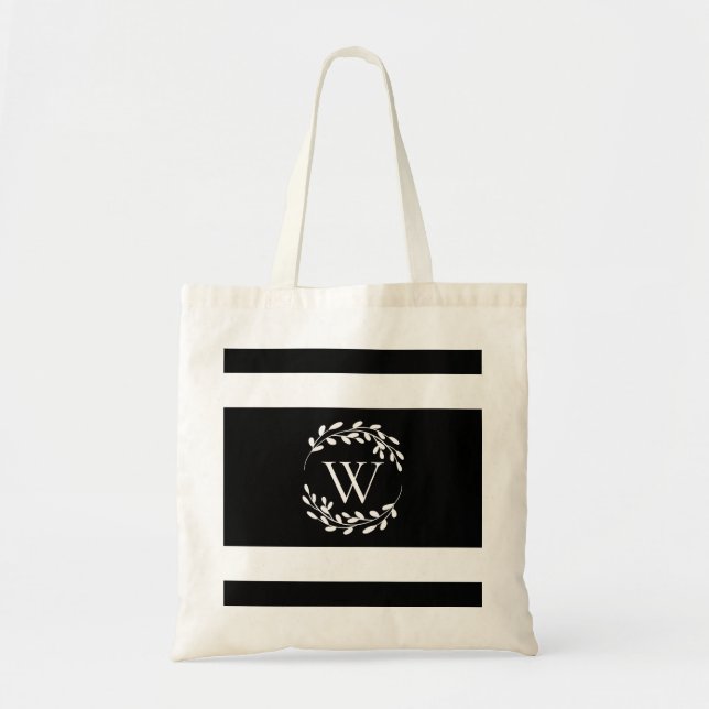 Monogramm Schwarz-Weiß-Floral Tragetasche (Vorne)