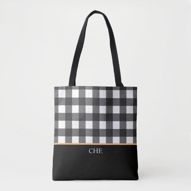 Monogramm Schwarz-weiß geprüft Kariert Tasche (Vorderseite)