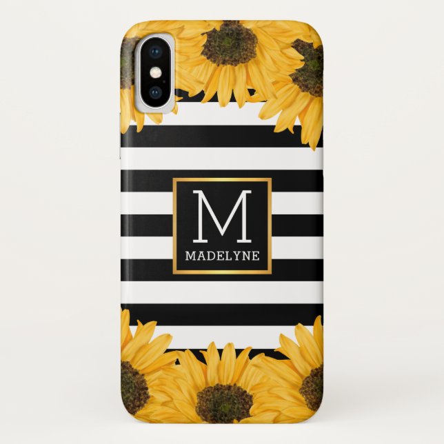 Monogramm Schwarz-weiß gestreifte Sonnenblume Gold Case-Mate iPhone Hülle (Rückseite)