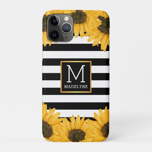 Monogramm Schwarz-weiß gestreifte Sonnenblume Gold Case-Mate iPhone Hülle (Rückseite)