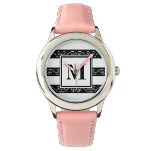 Monogramm Schwarz-weiß gestreiftes Design Armbanduhr
