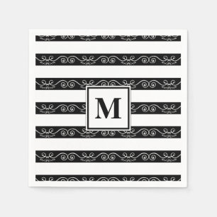 Monogramm Schwarz-weiß gestreiftes Design Serviette