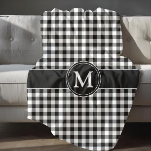 Monogramm Schwarz-Weiß-Gingham Fleecedecke