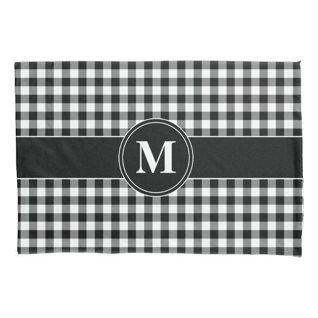 Monogramm Schwarz-Weiß-Gingham Kissenbezug (Vorderseite)