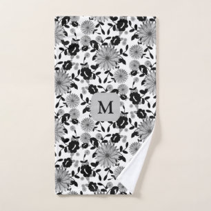 Monogramm Schwarz Weiß Grau Blumen Design Handtuch