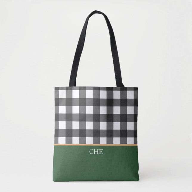 Monogramm Schwarz-weiß grün überprüft Tasche (Vorderseite)
