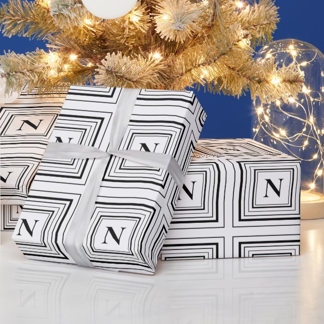 Monogramm Schwarz-Weiß-Quadrat Geschenkpapier (Feiertage)