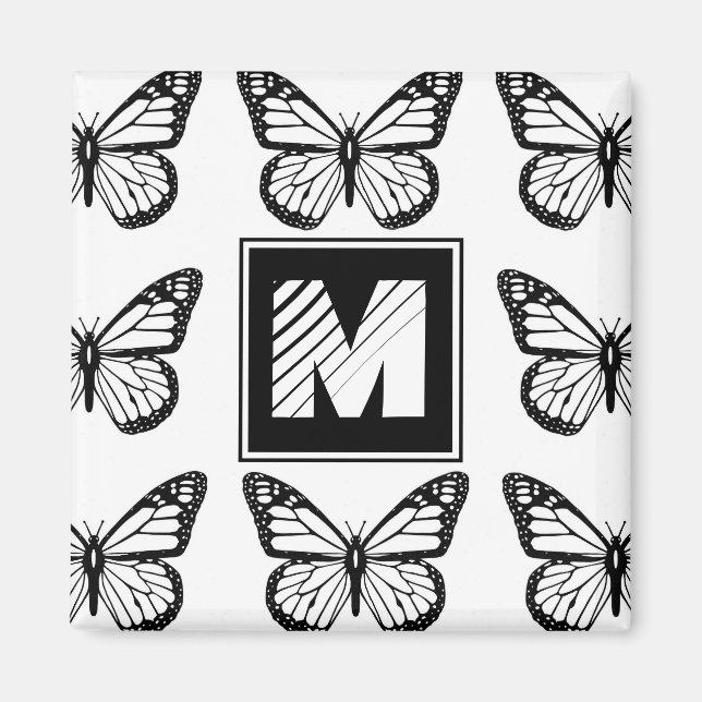 Monogramm-Schwarz-Weiß-Schmetterlingsmuster Magnet (Vorne)