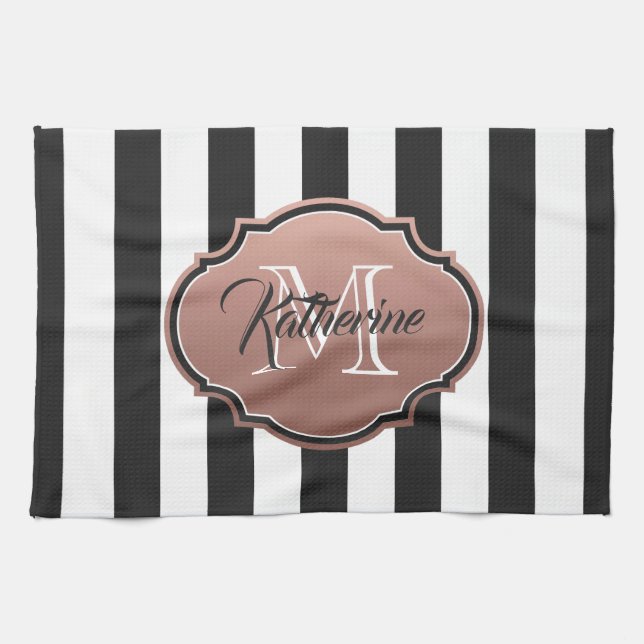 Monogramm Schwarz-Weiß-Streifen Geschirrtuch (Horizontal)