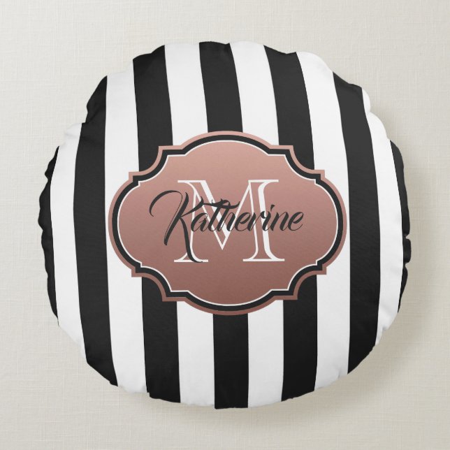 Monogramm Schwarz-Weiß-Streifen Rundes Kissen (Vorderseite)