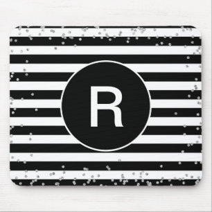 Monogramm Schwarz-Weiß-Streifen Silver Confetti Mousepad