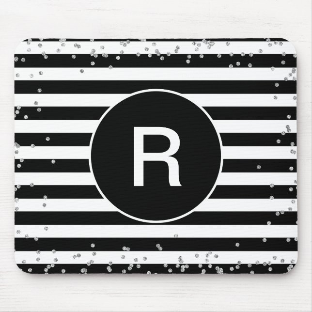 Monogramm Schwarz-Weiß-Streifen Silver Confetti Mousepad (Vorne)