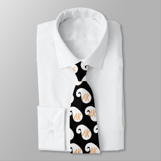 Monogramm Schwarz-weiß und Orange Paisley Krawatte (Gebunden)