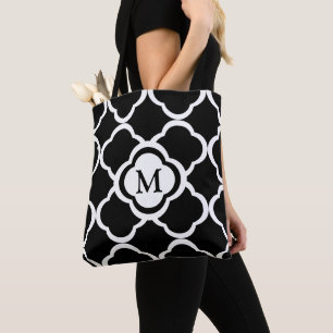 Monogramm Schwarz-Weiß-Vierblattmuster Tasche