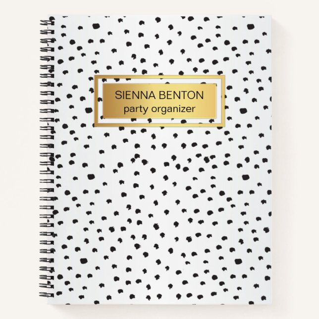 Monogramm, schwarz-weiße Polka-Punkte, Goldrahmen Notizbuch (Vorderseite)