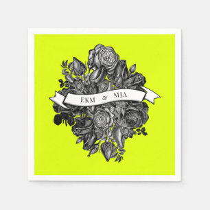Monogramm Schwarz-weiße Rose Lime Green Wedding Serviette