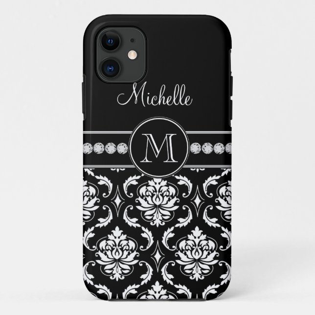 Monogramm-Schwarz-weißer Damast iPhone 5 Case-Mate iPhone Hülle (Rückseite)